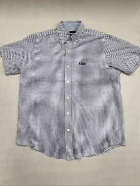 CHAPS DRESS SHIRT MENS MEDIUM BLUE PLAID EASY-CARE LOOSE SHORT-SLEEVE TOP